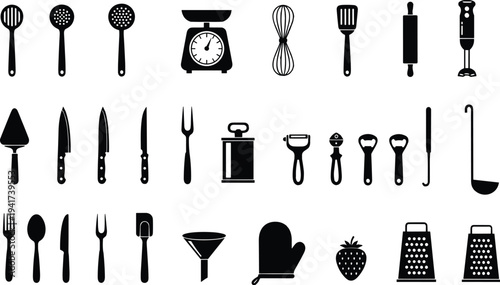 Black silhouette icons of essential kitchen utensils and cooking tools including knives, spatulas, graters, spoons, whisk, rolling pin, oven mitt, funnel, and more