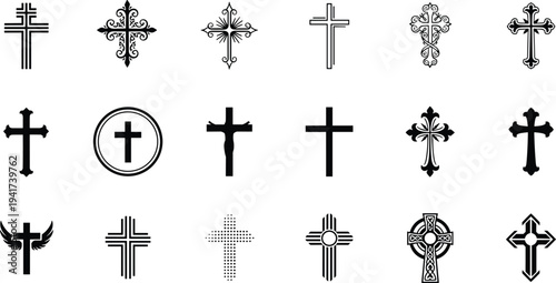 Collection of 20 unique cross designs in grid format showcasing diverse religious, cultural, and artistic symbolism with ornate, minimalist, and decorative variations