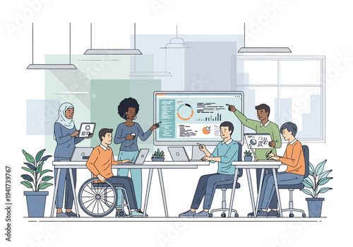 Diverse team collaborating on data analysis and project development in a modern office environment with technology and inclusivity