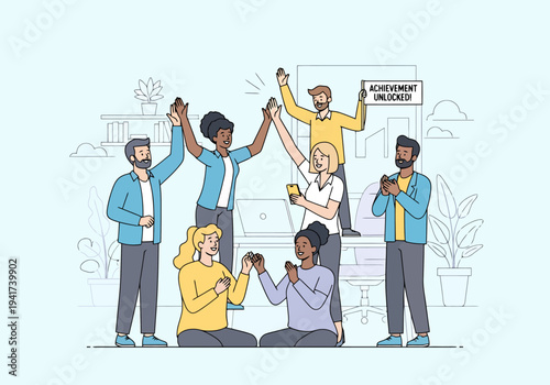 Diverse Team Celebrating Success Together Achieving Goals High Fiving In Modern Office Environment With Plants And Desks