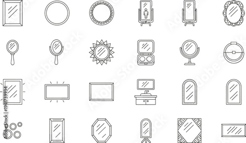 Collection of 25 diverse mirror icons featuring wall-mounted, handheld, vanity, decorative, and compact designs in circular, oval, rectangular, and ornate 