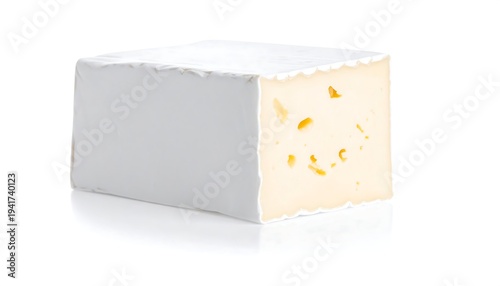 Rectangular cut of white cheese with rind on white, showing internal air pockets and smooth edges