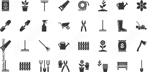 Collection of gardening tools and icons including rake, watering can, wheelbarrow, gloves, lawn mower, potted plants, hose, spade, and garden accessories illustration set