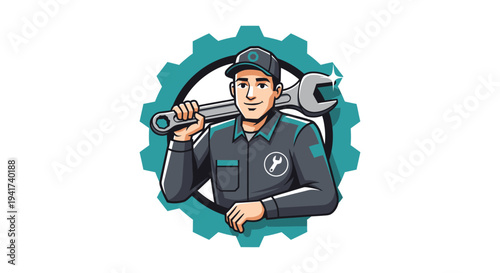 Skilled Mechanic with Wrench and Gear Symbol.