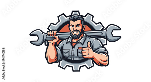 Skilled Mechanic with Wrench and Gear Logo Design.