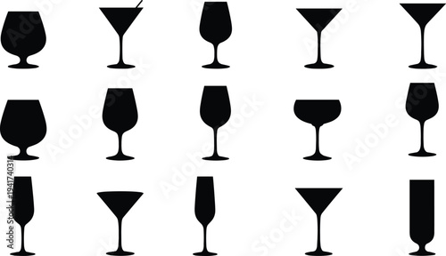 Collection of sixteen black drinking glass silhouettes in grid layout, featuring wine glasses, martini glasses, cocktail tumblers, barware icons for hospitality and design use