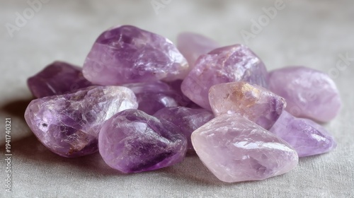 A close-up view of a collection of smooth, tumbled amethyst crystals showcasing their vibrant purple hues.