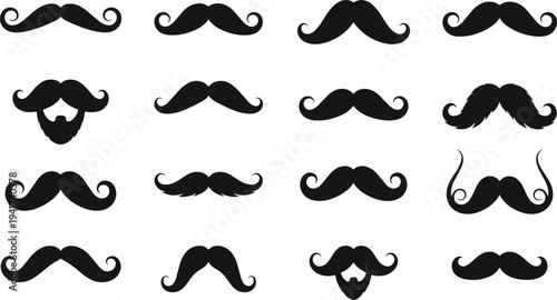 Collection of sixteen unique black silhouette mustache designs in grid layout, showcasing diverse facial hair styles for design inspiration, costume themes, and character illustration