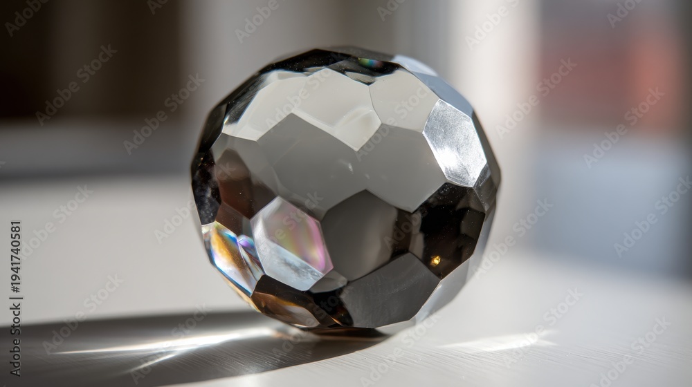 Naklejka premium A perfectly formed faceted crystal paperweight catching light and displaying complex reflections on a light surface.