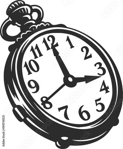 Vintage Pocket Watch Illustration, Classic Antique Timepiece Line Art Vector.