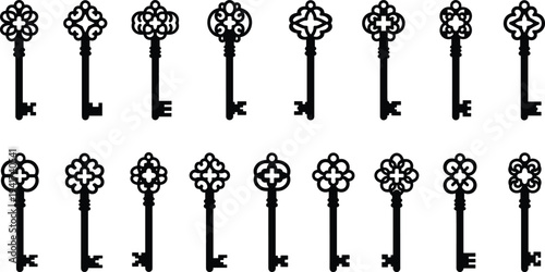 Collection of sixteen vintage ornate skeleton keys in black silhouette style, decorative antique key designs isolated on white background for retro design and pattern use