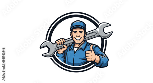 Smiling Mechanic with Wrench Giving Thumbs Up in Circular Frame.