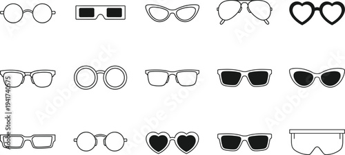 Collection of sixteen stylish eyeglass and sunglass icons featuring diverse frame shapes and lens styles, perfect for fashion design, digital applications, and creative illustration projects