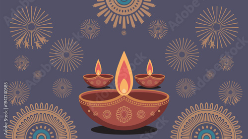 A vibrant illustration of traditional Indian diyas with intricate designs on a purple background