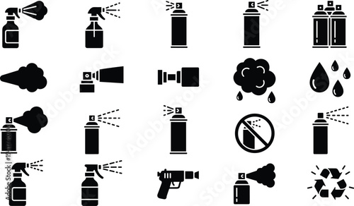 Collection of spray bottle icons, aerosol can symbols, spray nozzle illustrations, liquid droplet patterns, prohibition signs, recycling spray graphics for product design and instructional guides