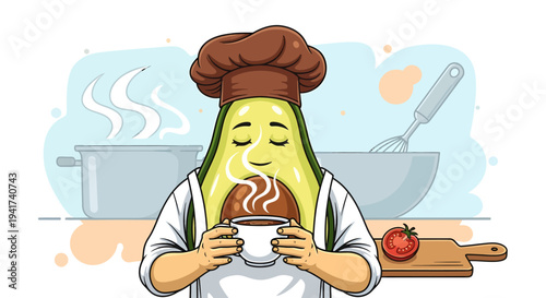 Cartoon chef enjoying a steaming cup of coffee in the kitchen.