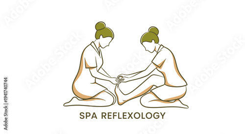 Spa Reflexology Session Two People Kneeling Performing Foot Massage.