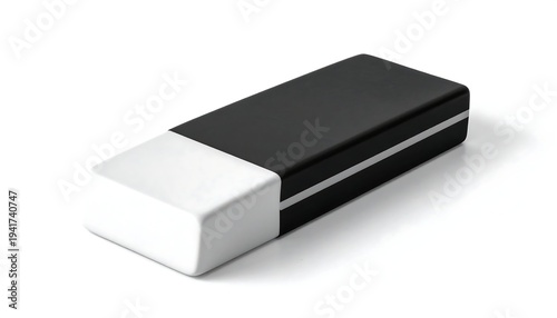 Rectangular eraser, black and white, angled. Shadows show depth. Isolated on white