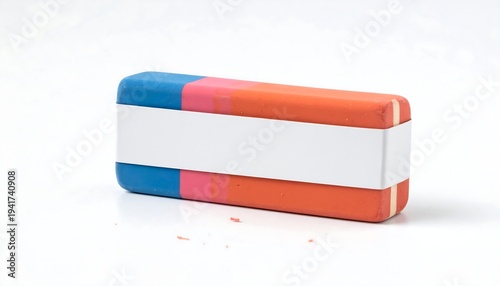 Rectangular eraser with blue, pink, and orange bands, held by white paper, on a bright white surface
