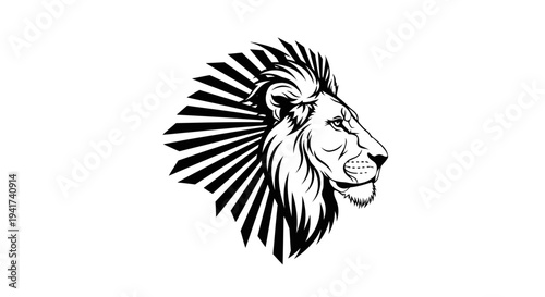 Black and white illustration of a lion's head with mane.
