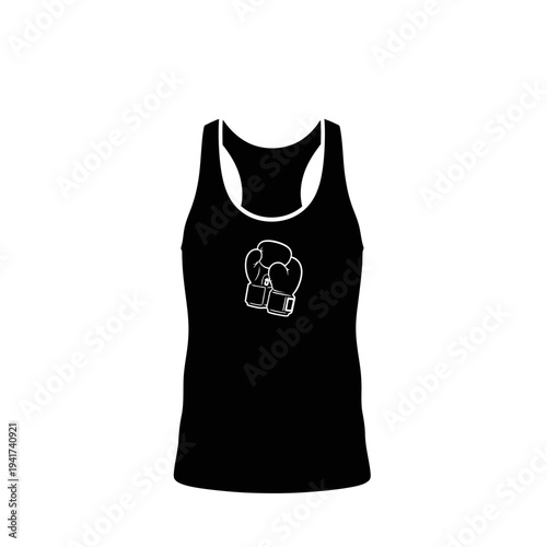 Black athletic tank top with boxing gloves graphic design.