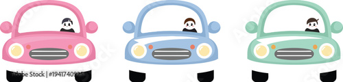 Three cartoon cars with drivers facing forward in pink blue green colors on road transport