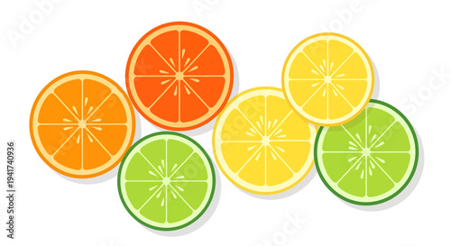 Colorful citrus fruits slices arranged in a vibrant pattern.