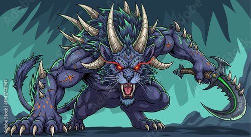 Fantasy creature with sharp horns and claws in a dark environment.