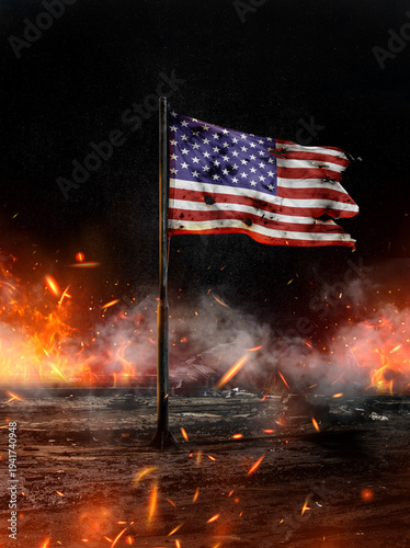 Canvas Print American Flag of Resilience: The American flag waves with unwavering resolve amidst a scene of turmoil, flames licking at the edges, a testament to enduring strength and national spirit