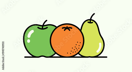 Colorful illustration of fresh fruits including apple, orange, and pear.