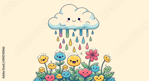 Whimsical cartoon cloud raining on smiling flowers.