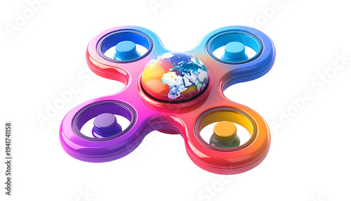 Colorful Spinner with Globe Center - Artistic Toy Abstract Design Isolated on Black