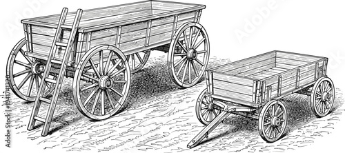 Detailed black and white illustration of rustic wooden carts and wagons with spoked wheels, vintage transportation design, historical farming equipment, traditional countryside vehicle artwork