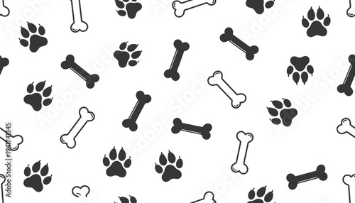 Dog paw prints and bones seamless pattern background, black and white pet icons design for wallpaper, fabric, wrapping paper, animal lovers, veterinary, pet shop decor