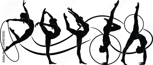 Dynamic silhouettes of rhythmic gymnasts performing artistic hoop routines with elegance, balance, and flexibility, showcasing graceful 