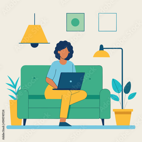  Woman working on laptop from home remote work lifestyle flat modern vector illustration