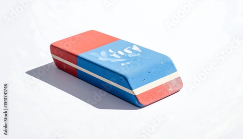 Rectangular eraser with red top, blue middle, & red bottom, sitting on a white surface with shadow cast to the left