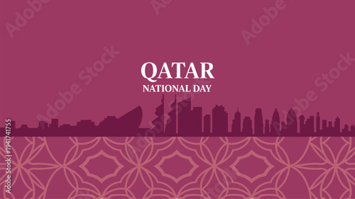 A vibrant city skyline celebrating Qatar National Day with a traditional patterned background