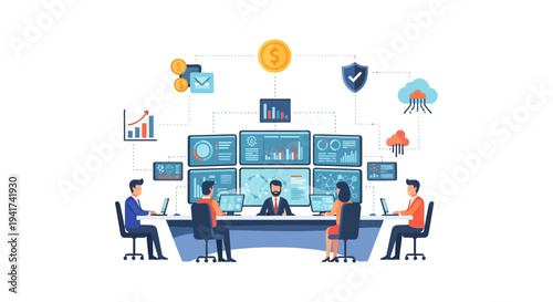 Centralized Data Monitoring and Analysis Team. Business professionals managing financial strategy, big data dashboards, security, and cloud operations in a control room.
