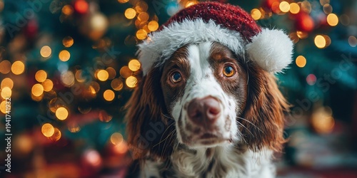 Wallpaper Mural Brown english springer spaniel dog in red santa hat looking at camera against blurred christmas tree lights bokeh, festive holiday celebration atmosphere Torontodigital.ca