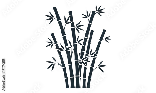 Black Silhouette of Bamboo Stalks and Leaves Isolated on White