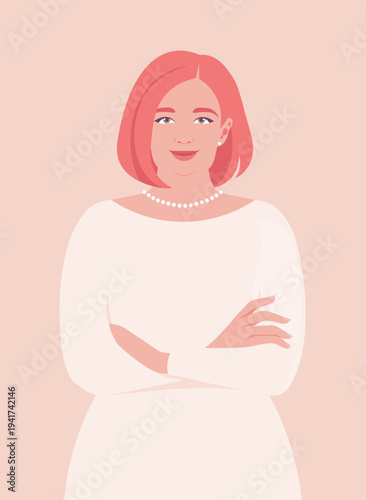 Modern flat vector portrait of a confident woman with red hair. She stands with her arms crossed against a soft pastel background. Business concepts, professional, body positivity, diversity