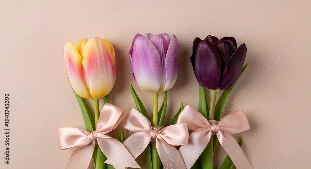 Obraz premium Three tulips with ribbons on a beige background