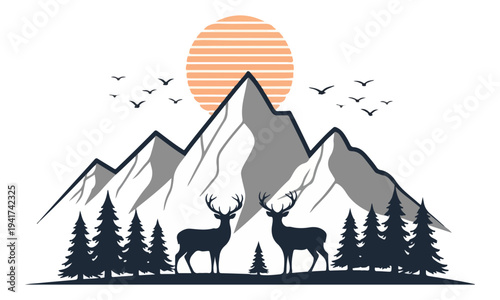 Minimalist Mountain Landscape with Deer and Retro Sunset Illustration