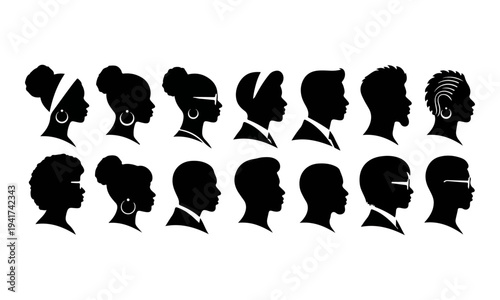 Collection of Diverse Black People Profile Silhouettes and Hairstyles