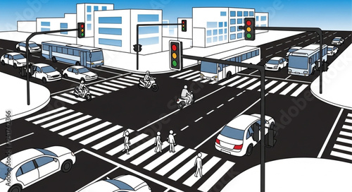 Bustling City Intersection with Pedestrians and Vehicles.