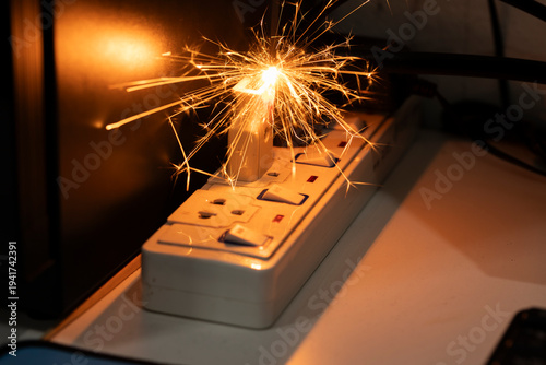 Foto Electrical short circuit with sparks in a power strip