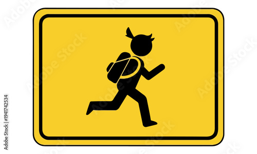 Yellow School Zone Warning Sign with Running Child Silhouette