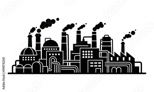 Black and white industrial factory building silhouette with smoking chimneys