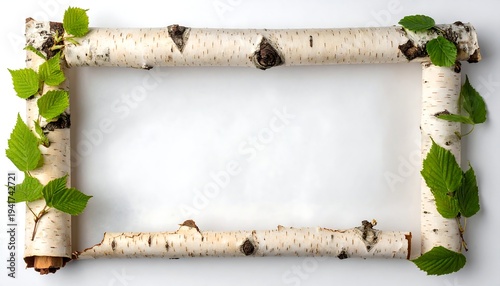 Rectangular frame constructed from birch logs, accented with vibrant green leaves, against a white backdrop
